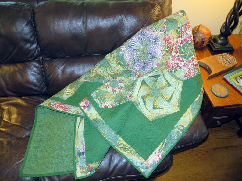 Hexagon Quilted Couch Throw Lap Quilt Oriental Green Gold Etsy