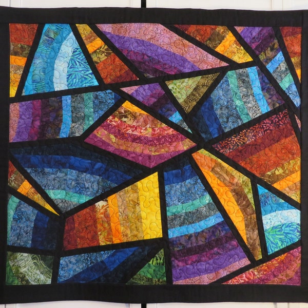 Contemporary Handcrafted Quilted Wallhanging Batik crazy rainbow