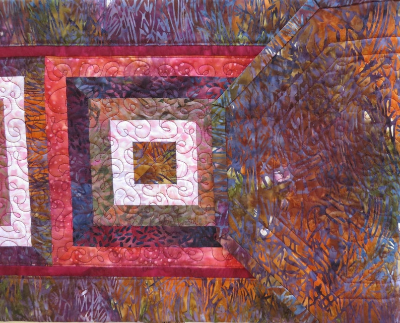 Handcrafted Quilted Batik Table Runner Red Purple Pink browns