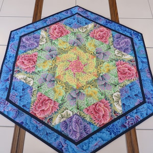 Könnte beinhalten: Ein sechseckiger Tischläufer mit floralem Muster. Die Mitte des Läufers zeigt ein Kaleidoskop aus grünen, gelben und rosa Blättern. Der äußere Rand ist dunkelblau mit einem hellblauen Innenrand. Der Läufer ist aus Stoff und hat eine gesteppte Textur.