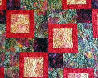 Bright Batik Twin Bed Quilt crimson red tan floral