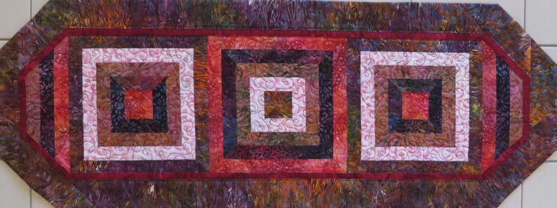 Handcrafted Quilted Batik Table Runner Red Purple Pink browns