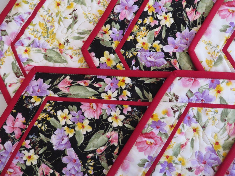 Reversible Quilted Placemats Black White Floral Etsy