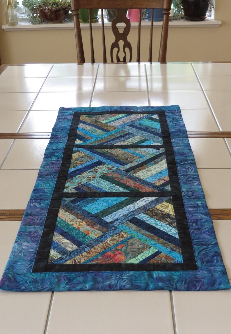 Blues Quilted Batik Table Runner contemporary patchwork Etsy