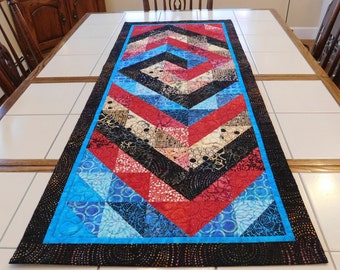Modern Quilted Batik Table runner Wall Hanging Black Blue Red Cream