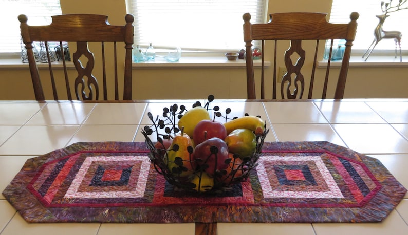 Handcrafted Quilted Batik Table Runner Red Purple Pink browns