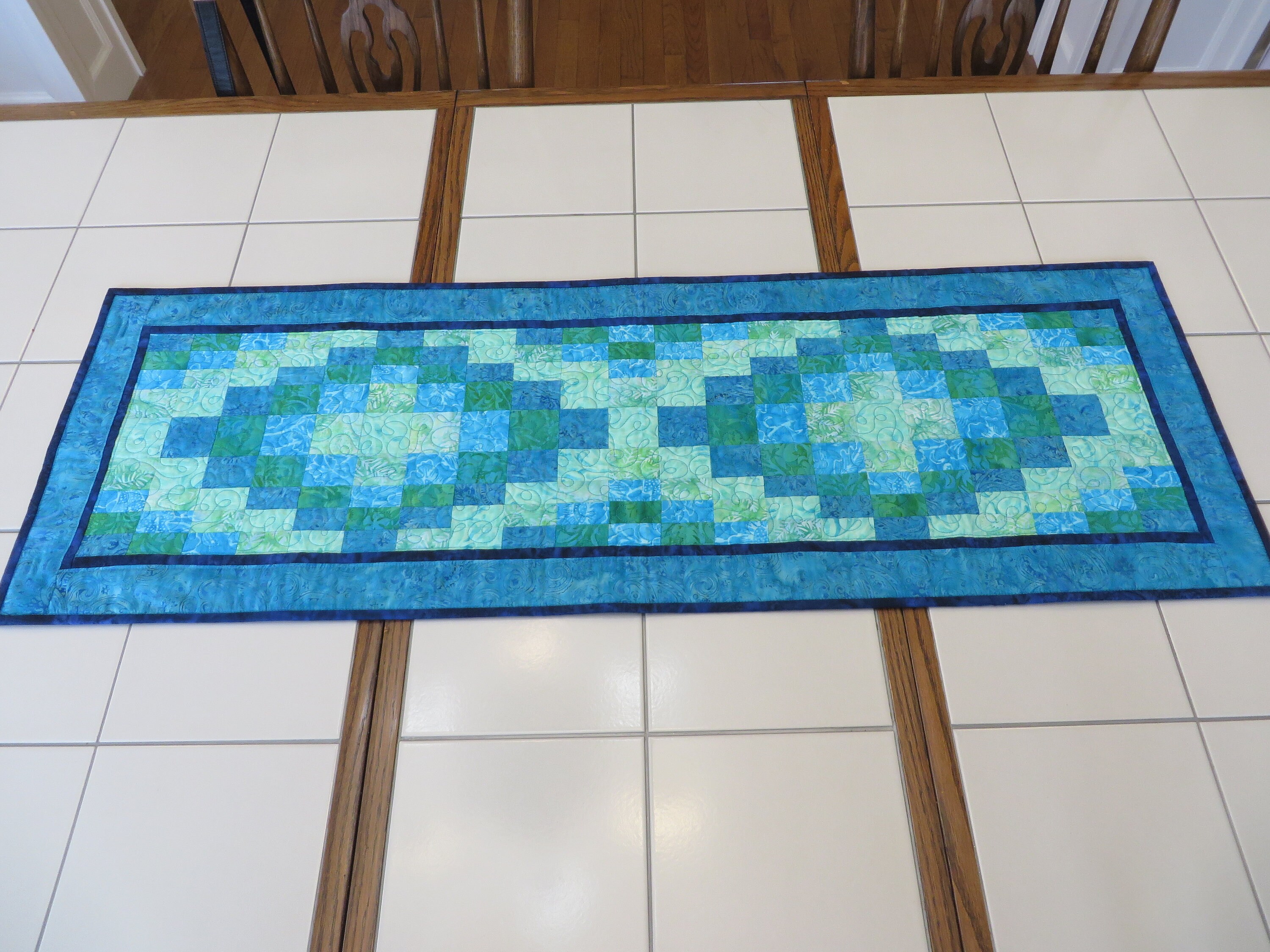 Quilted Batik Table Runner blue green