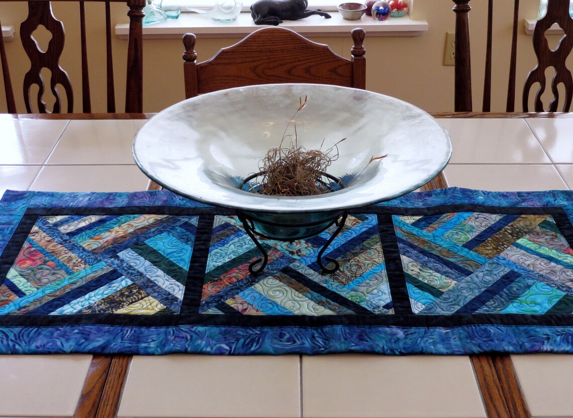 Blues Quilted Batik Table Runner contemporary patchwork Etsy