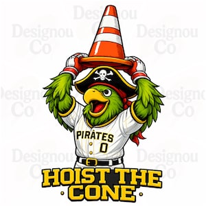 Pode incluir: Ilustra&ccedil;&atilde;o de desenho animado de um papagaio verde usando um chap&eacute;u de pirata e uma camisa de beisebol com a palavra "Pirates". O papagaio est&aacute; segurando um cone de tr&acirc;nsito laranja e branco acima da cabe&ccedil;a. O texto "HOIST THE CONE" est&aacute; abaixo.