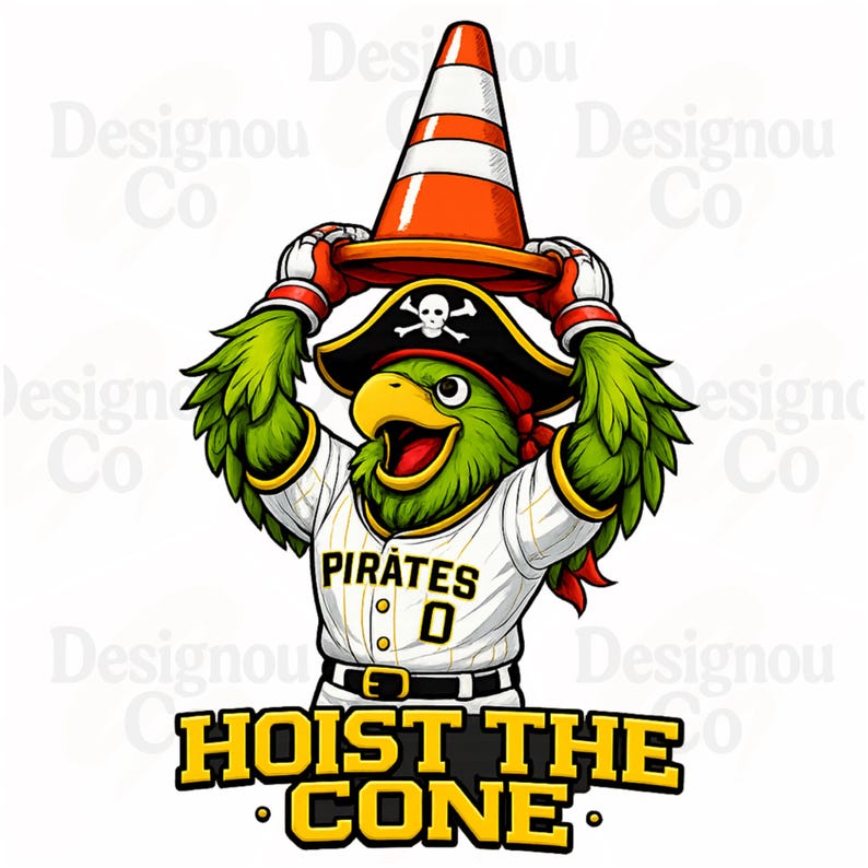 Pode incluir: Ilustra&ccedil;&atilde;o de desenho animado de um papagaio verde usando um chap&eacute;u de pirata e uma camisa de beisebol com a palavra "Pirates". O papagaio est&aacute; segurando um cone de tr&acirc;nsito laranja e branco acima da cabe&ccedil;a. O texto "HOIST THE CONE" est&aacute; abaixo.