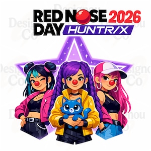 May include: Illustration for Red Nose Day 2026 featuring three cartoon figures with red noses. The figures have colorful hair, jackets, and hold a blue cat. The background includes a purple star and the text "RED NOSE DAY 2026 HUNTRIX".
