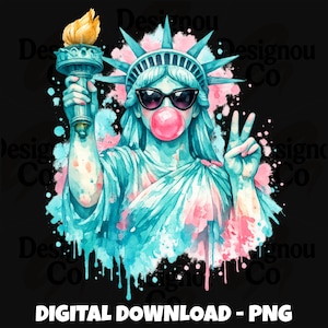Preppy penseldrag Frihetsgudinnan som blåser bubbla PNG, USA fjärde juli PNG-design, flickaktigt patriotisk sublimeringsgrafiktröja