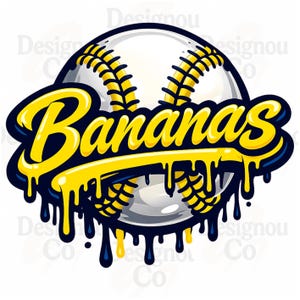 以下が含まれることがあります： 「Bananas」の文字が黄色で、青い縁取りで垂れ下がっている野球のグラフィック。野球ボールは白で、黄色のステッチが入っています。デザインは漫画的で遊び心のあるスタイルです。