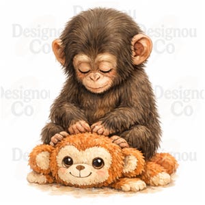 以下が含まれることがあります： 目を閉じた茶色の猿が、オレンジ色のぬいぐるみ猿を優しく触っている水彩イラスト。 ぬいぐるみ猿は大きく、表情豊かな目と笑顔の顔をしています。 この画像は、柔らかく気まぐれな雰囲気を持っています。