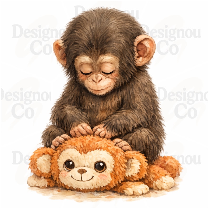Peut inclure: Illustration &agrave; l'aquarelle d'un singe brun aux yeux ferm&eacute;s, touchant doucement un singe en peluche orange. Le singe en peluche a de grands yeux expressifs et un visage souriant. L'image a une ambiance douce et fantaisiste.