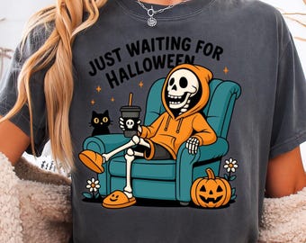 Funny Skeleton Halloween PNG Sublimation, Just Waiting for Halloween Shirt Design, Cute Fall Spooky Vibes, Cozy Skeleton in Hoodie Clipart