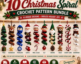 10 Christmas Crochet Patterns Bundle, Christmas Spiral Ornament Patterns, Santa Snowman Gnome, Tree Reindeer Penguin Elf Bear