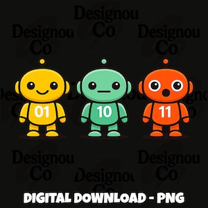 Könnte beinhalten: Drei Cartoon-Roboter in Gelb, Grün und Orange. Jeder Roboter hat eine Nummer auf der Brust: 01, 10 und 11. Die Roboter haben runde Köpfe, kleine Antennen und einfache Gesichtszüge. Das Bild enthält den Text "DIGITAL DOWNLOAD - PNG".