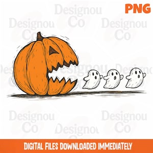May include: A digital illustration featuring a large orange pumpkin with a carved face, and three small white ghosts. The pumpkin has a jagged mouth, and the ghosts are lined up behind it. The text "DIGITAL FILES DOWNLOADED IMMEDIATELY" is at the bottom.