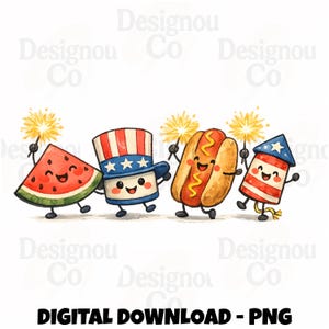 Könnte beinhalten: Aquarell-Illustration mit einer Wassermelone, einem Uncle Sam-Hut, einem Hotdog und einem Feuerwerk, jeweils mit lächelnden Gesichtern und Wunderkerzen. Der Text "DIGITAL DOWNLOAD - PNG" ist vorhanden.