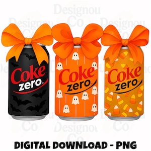 Könnte beinhalten: Drei Coke Zero Dosen mit großen orangefarbenen Schleifen. Die erste ist schwarz mit Fledermausmuster, die zweite orange mit weißen Geisterillustrationen und die dritte ist orange-gelb mit einem Muster aus Zuckermais und Coke Zero Schriftzug.