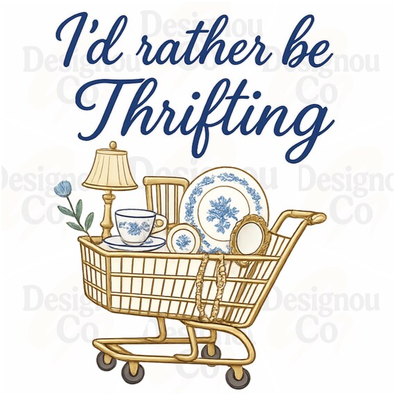 I’d Rather Be Thrifting PNG, thrift aesthetic Png, blue and gold vintage decor cart, retro thrifting graphic, boutique style Digital