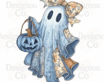 Retro Halloween Blue Denim Ghost PNG, Trendy Patchwork Spooky Ghost PNG, Cute Boo Ghost Coquette PNG, Fall Pumpkin Png, Spooky Season Png