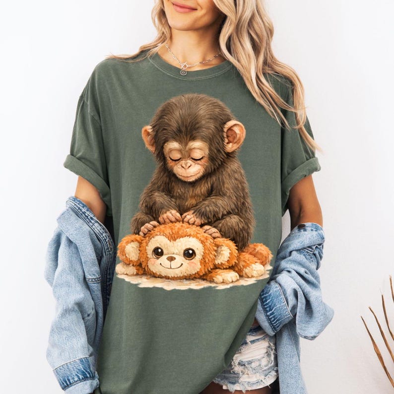 Peut inclure: T-shirt vert olive avec une illustration d&eacute;taill&eacute;e de deux singes. Un singe brun est assis sur un singe orange en peluche. L'image a un style doux, de type aquarelle.
