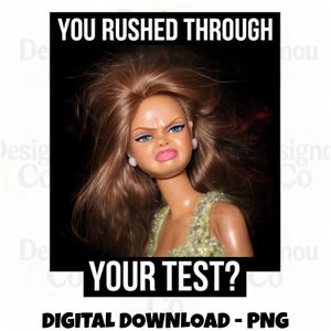 May include: A digital download PNG image featuring a doll with an angry expression. The text "YOU RUSHED THROUGH YOUR TEST?" is displayed in white, bold font. The doll has blonde hair, blue eyes, and pink lips.