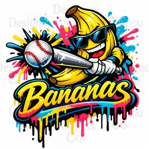 Könnte beinhalten: Cartoon-Illustration einer gelben Banane mit Sonnenbrille, die einen Baseballschläger hält. Das Wort "Bananas" ist in einer farbenfrohen Schriftart im Graffiti-Stil geschrieben. Farbspritzer umgeben die Banane.