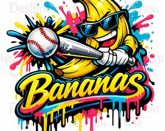 Banana Savannah PNG, Bananas jogando beisebol PNG, Design engraçado de camiseta de banana jogando beisebol, Imagem para amante de beisebol, Clipart de mascote escolar