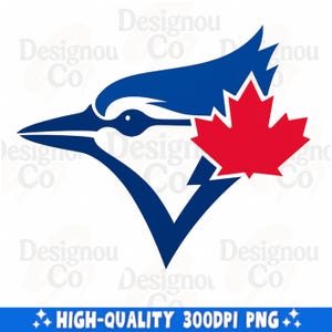 Könnte beinhalten: Ein Logo eines Blue Jay mit einem roten Ahornblatt. Der Kopf des Vogels ist blau, mit einem weißen Auge und einem spitzen Schnabel. Das Ahornblatt ist rot. Der Text unten lautet "HIGH-QUALITY 300DPI PNG".
