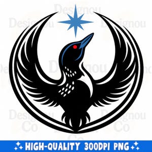 May include: A black and white graphic of a bird with outstretched wings, a blue beak, and a red eye, encircled by a crescent shape. A blue star is above the bird's head. The image includes the text "HIGH-QUALITY 300DPI PNG".