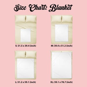 Puede incluir: Un cuadro de tallas de mantas, con cuatro tama&ntilde;os diferentes mostrados en camas. Los tama&ntilde;os son S: 80 x 100 cm, M: 100 x 130 cm, L: 130 x 150 cm y XL: 150 x 200 cm. El texto "Size Chart: Blanket" est&aacute; en la parte superior.