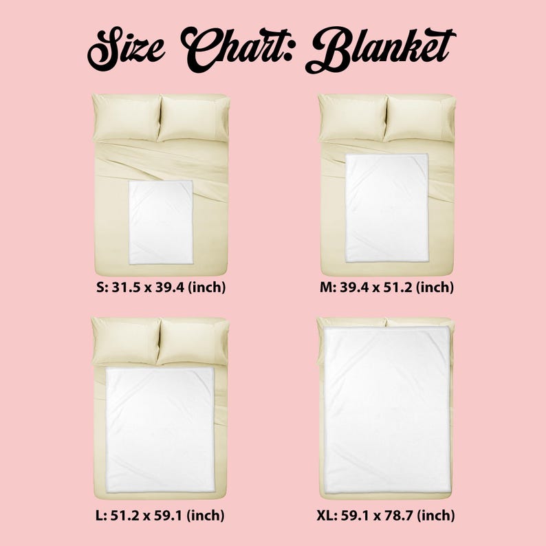 Puede incluir: Un cuadro de tallas de mantas, con cuatro tama&ntilde;os diferentes mostrados en camas. Los tama&ntilde;os son S: 80 x 100 cm, M: 100 x 130 cm, L: 130 x 150 cm y XL: 150 x 200 cm. El texto "Size Chart: Blanket" est&aacute; en la parte superior.