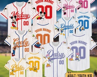 Personalize WDW Mickey & Friends Cute Striped White Baseball Jersey, Custom Wdw Baseball Team Jerseys, Mickey Mouse Birthday Shirt