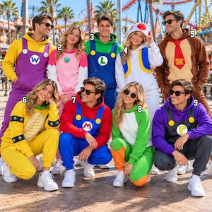 May include: A collection of nine hooded sweatshirts and matching trousers inspired by video game characters, featuring numbered labels from 1 to 9. The garments display various colour schemes including yellow, purple, pink, blue, green, white, brown, and red.