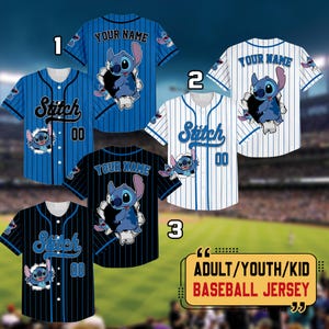 May include: A collection of baseball jerseys featuring the character Stitch. The designs include blue and white pinstriped or solid blue options with the text Stitch, 00, and Your Name. Each jersey displays a graphic of Stitch emerging from a hole.
