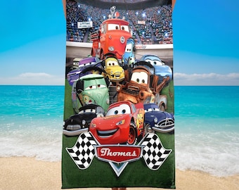 Personalized Name Disney Cars Beach Towels, Lightning McQueen Tow Mater Characters Beach Towels, Cars Birthday Gift, Tow Mater Towels