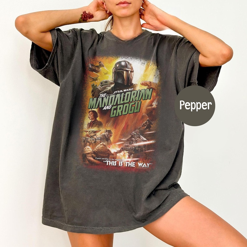 May include: Pepper-colored t-shirt featuring a graphic from "The Mandalorian and Grogu." The design includes the show's title, characters, and the phrase "THIS IS THE WAY." The shirt has a V-neck and short sleeves.