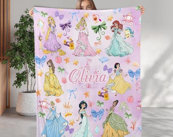 Personalized Coquette Bows Princesses Blanket, Magic Castle Baby Girl Princess Blanket, Belle Aurora Elsa Birthday Girl Blanket