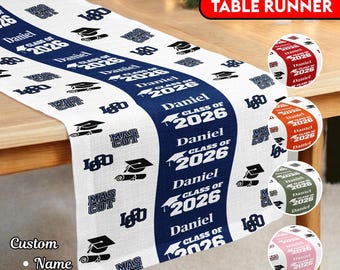 Camino de mesa personalizado para fiesta de graduación, camino de mesa personalizado con nombre y logotipo de la escuela, decoración para fiesta de graduación de 2026, regalos para la clase de 2026