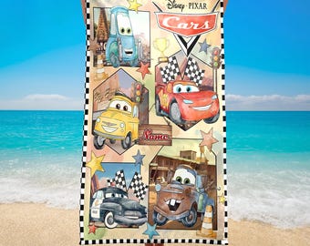 Custom Name Cars Lightning McQueen Beach Towels, Cars Characters Towels, Cars Movie Beach Towels, Cartoon Cars Birthday Towel Gift