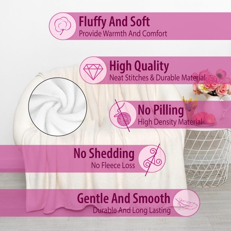 Puede incluir: Una manta color crema sobre una silla blanca. La manta tiene una textura suave y esponjosa. El texto de la imagen dice "Fluffy and Soft", "High Quality", "No Shedding", "No Pilling" y "Gentle and Smooth".