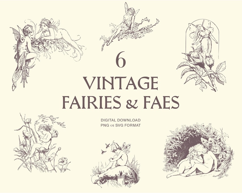 Graphics Fae Vintage Fairies Fae Clipart Illustration Pack - Fantasy Clip Art ...