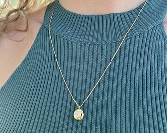 Colar personalizado em ouro maciço 14K com pedra de nascimento, pingente geométrico personalizado com eclipse para mulheres, presente de aniversário em ouro para a mãe.