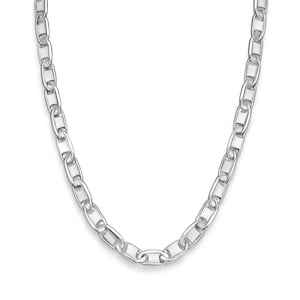 May include: A silver-colored chain necklace with oval links. The necklace is displayed against a white background, highlighting its polished, reflective surface. The chain is a classic jewelry piece.