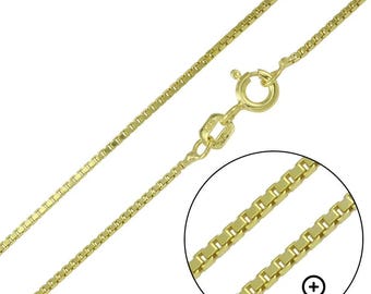Gold Plated Box Chain Necklace, 925 Sterling Silver, Solid High Polish Unisex Jewelry