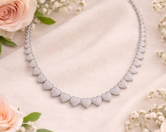Silver Heart Tennis Necklace, CZ Heart Necklace, Dainty Heart Jewelry, Statement Necklace for Women, Romantic Gift for Her, Rhodium Plated