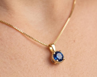 Colgante de oro macizo de 14 quilates con piedra natal, pequeño y delicado dije redondo de 5 mm para mujer, regalo de cumpleaños personalizado de oro auténtico para ella, apilable.